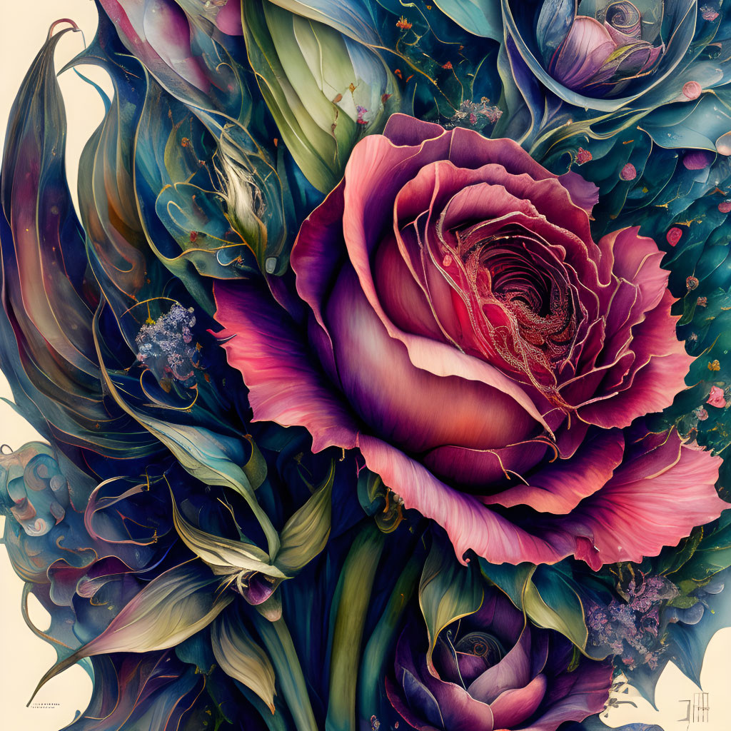 Detailed Surreal Floral Artwork with Central Rose