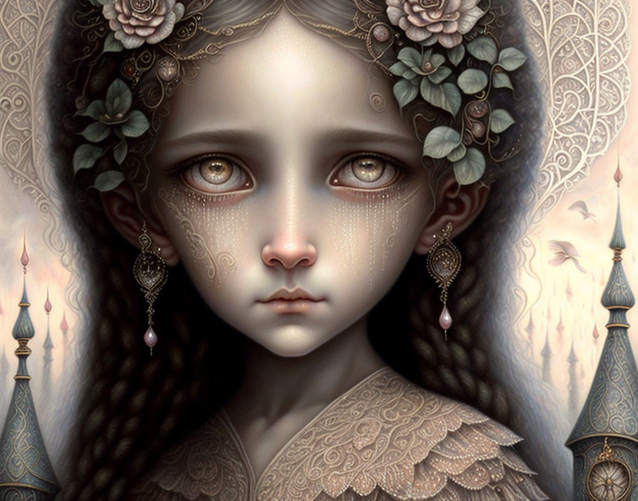 Young girl with expressive eyes and floral headpiece in digital painting.