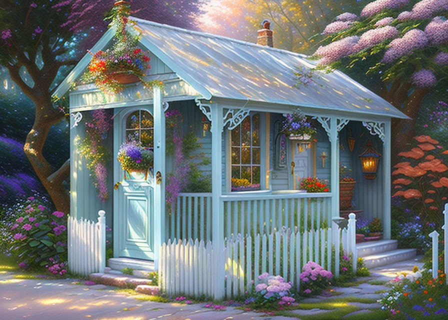 Cozy cottage with garden, picket fence, blooming flowers, and warm lighting