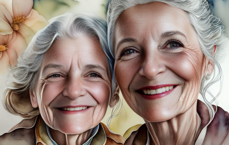 Elderly Woman with Gray Hair and Blue Eyes Smiling in Artwork