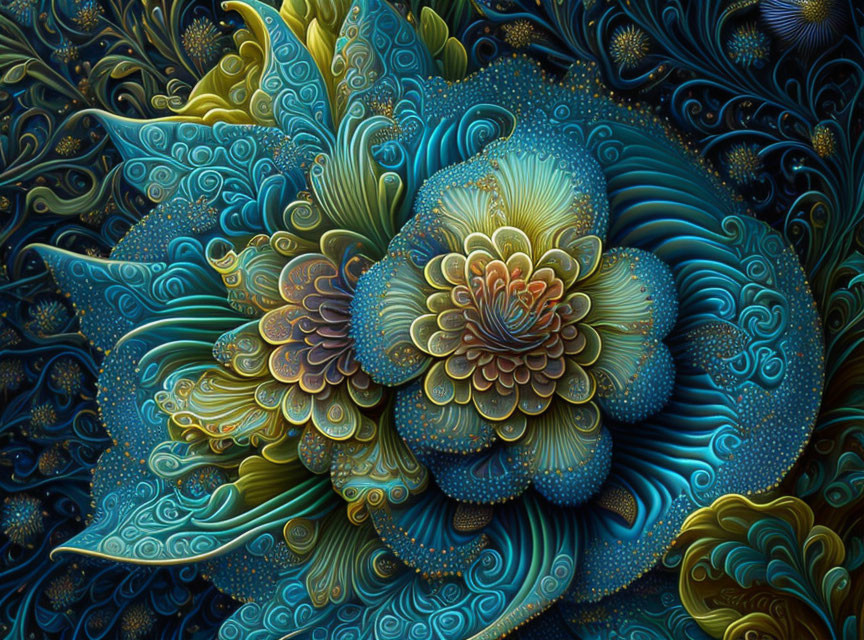 Intricate digital artwork: Stylized floral patterns in blues, greens, and golds