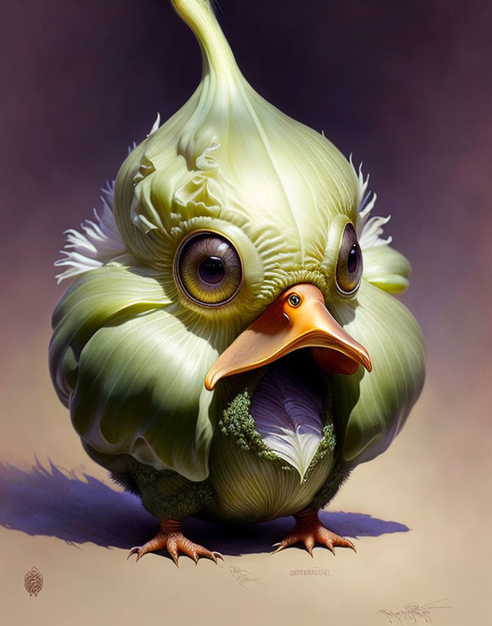 Whimsical creature with artichoke body, expressive eyes, orange beak, and clawed