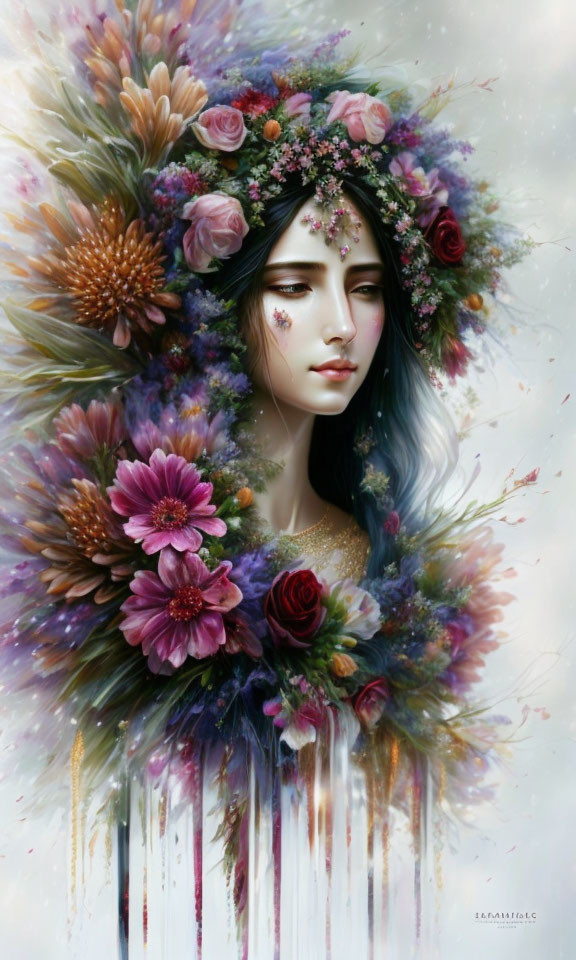 Woman with floral wreath and blue hair in serene setting