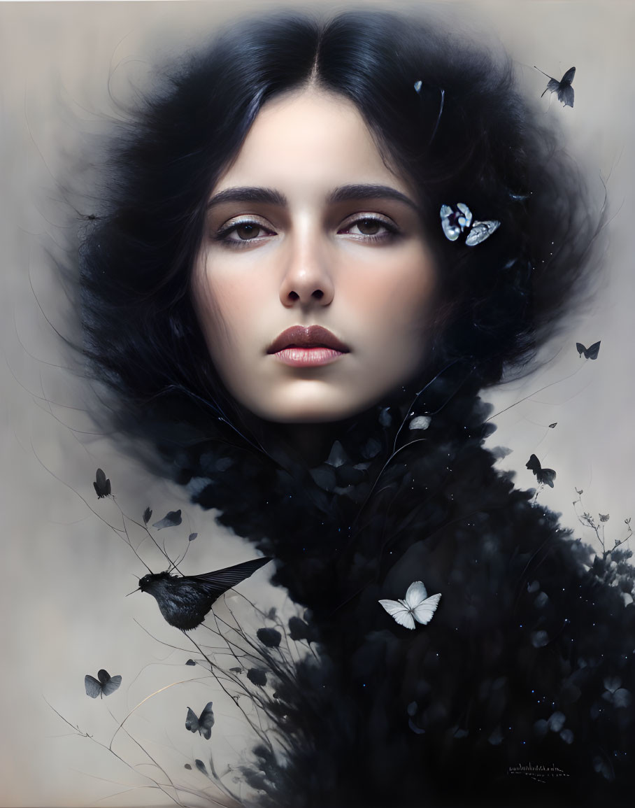 Dark-haired woman surrounded by butterflies in ethereal portrait