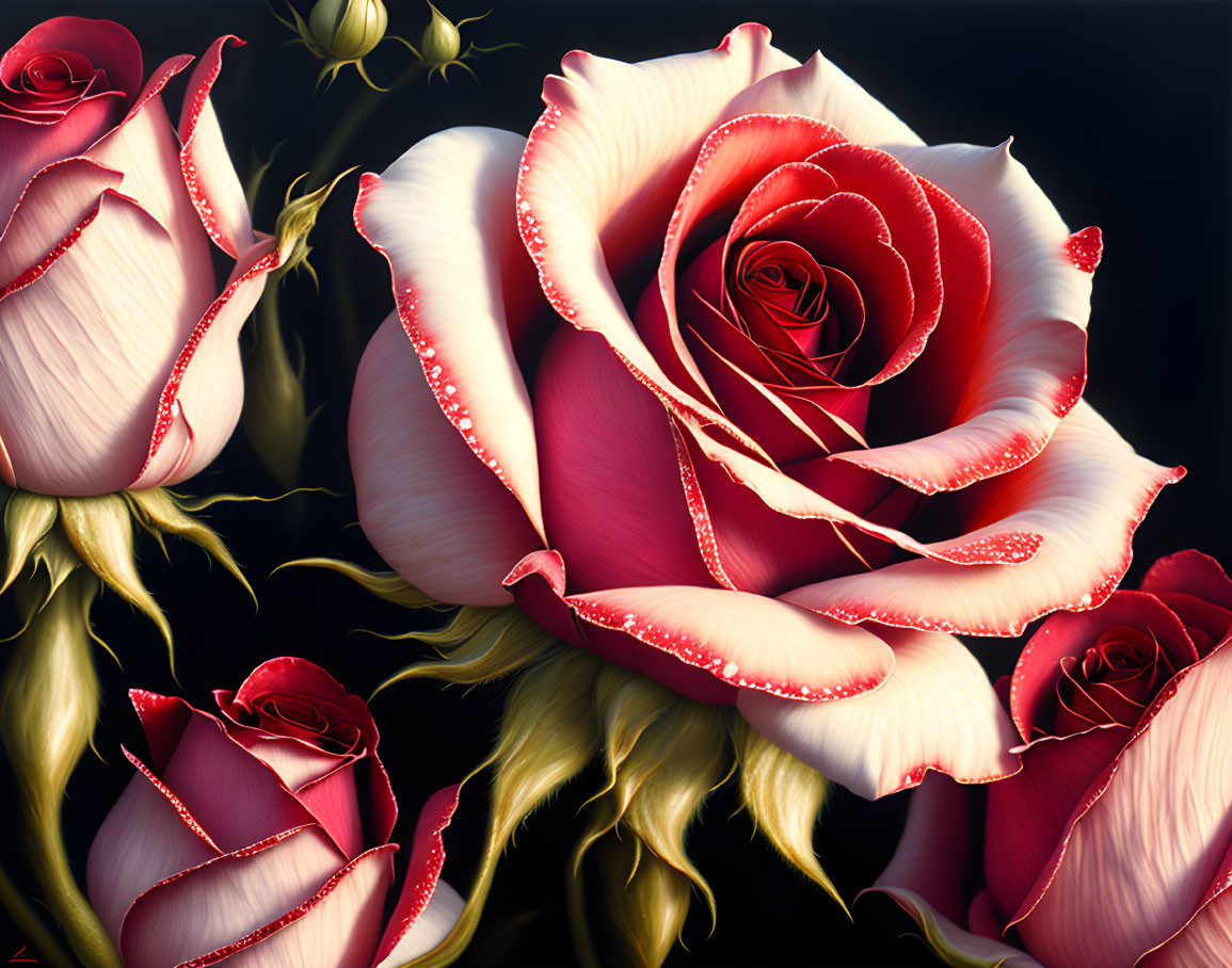 Hyper-realistic Painting: Pink & White Roses with Dewdrops on Dark Background