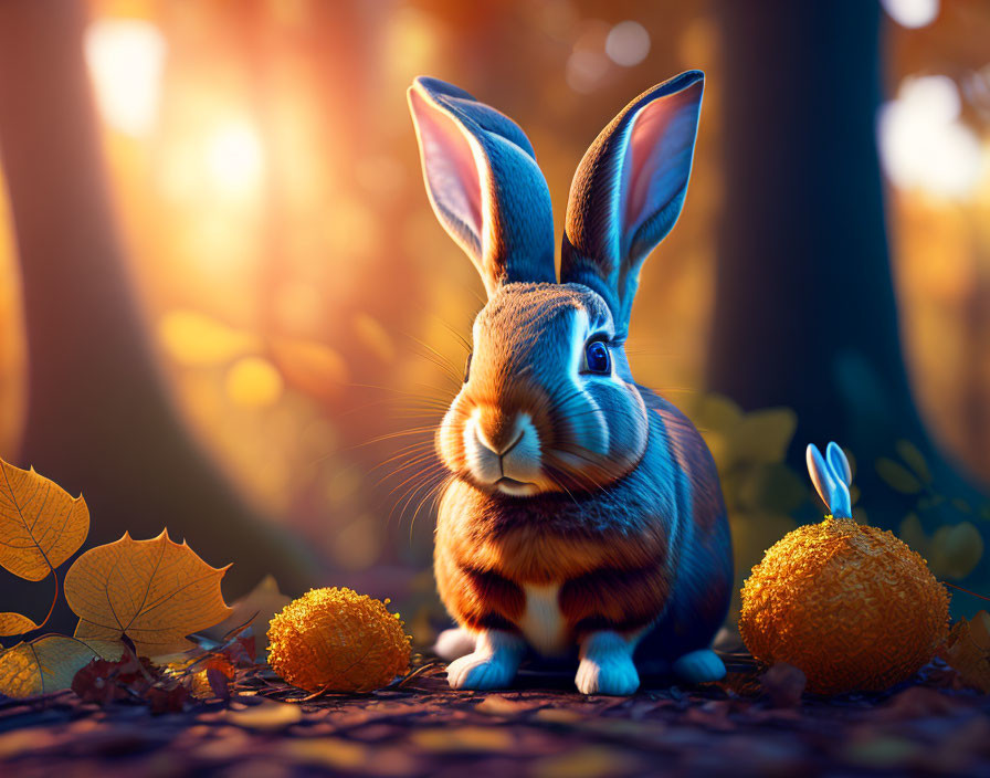 Realistic rabbit in autumn setting with golden light and leaves