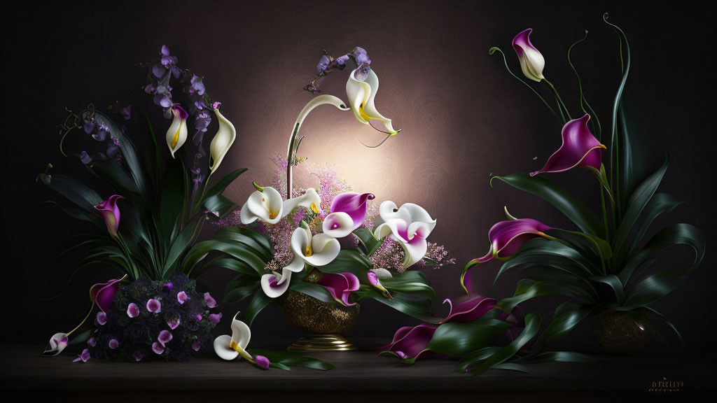 White and Purple Calla Lilies in Golden Vases on Dark Background