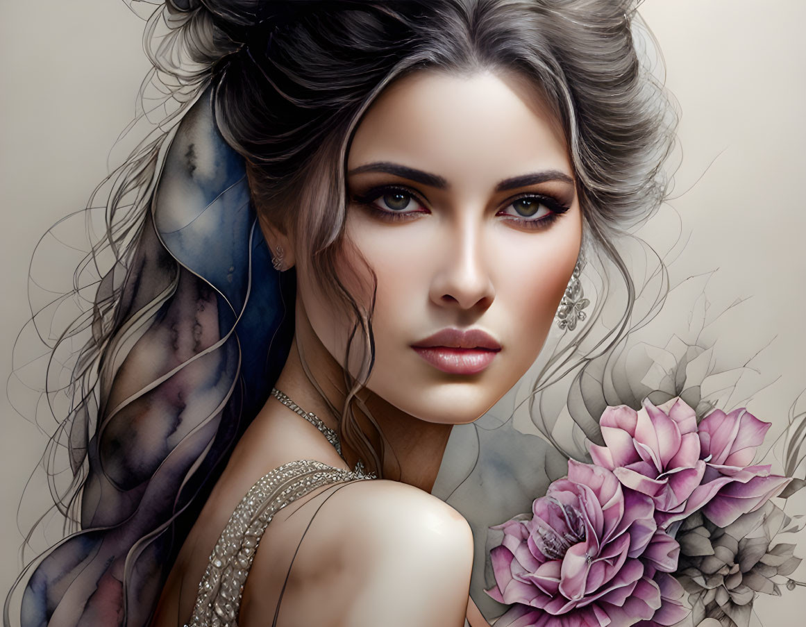 Detailed Woman Illustration with Abstract Patterns and Flowers