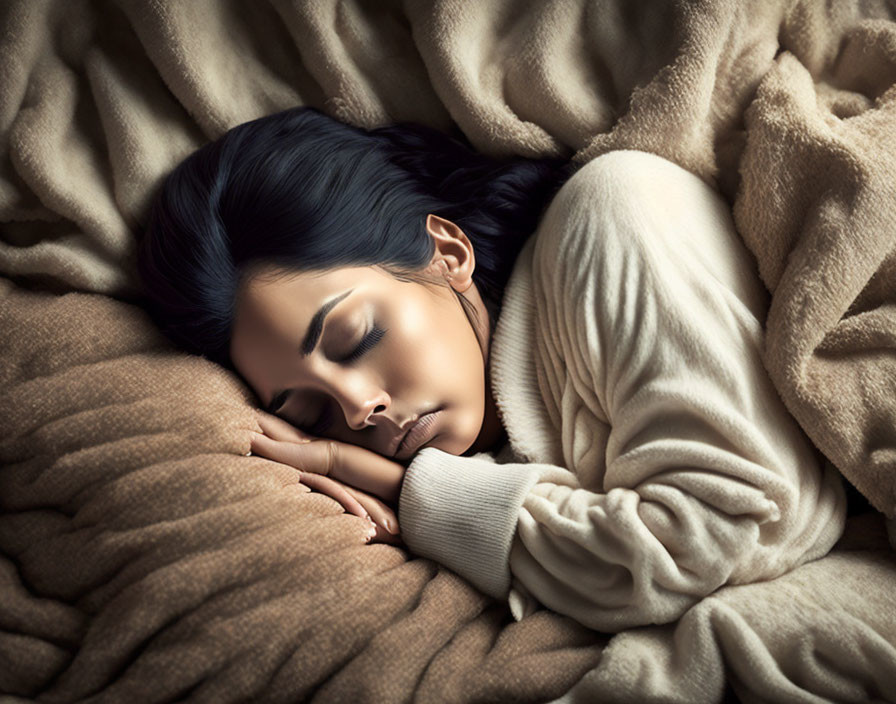 Woman peacefully sleeping wrapped in cozy beige blanket under soft lighting