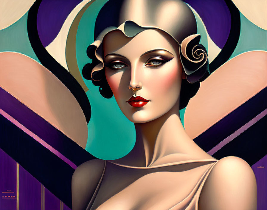 Stylized art deco portrait of a woman with smooth lines and pastel colors