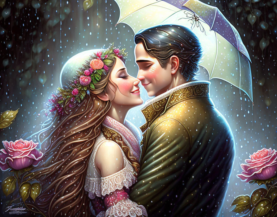 Romantic couple embracing under umbrella in snow with roses and floral crown