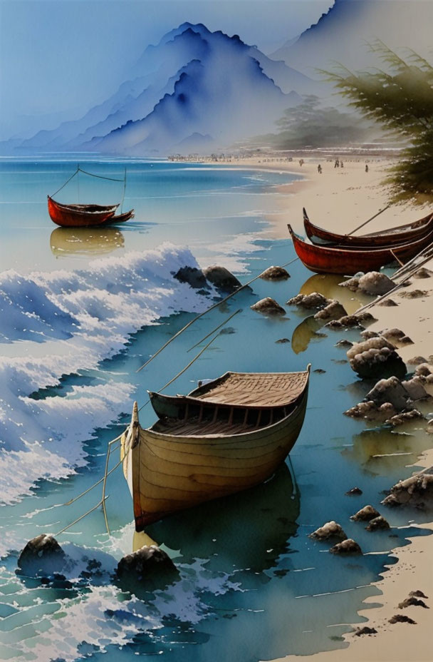 Tranquil beach scene with boats, waves, rocks, and misty mountains under blue sky