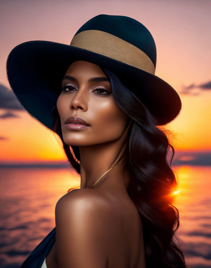 Dark-haired woman in stylish hat poses at vibrant ocean sunset