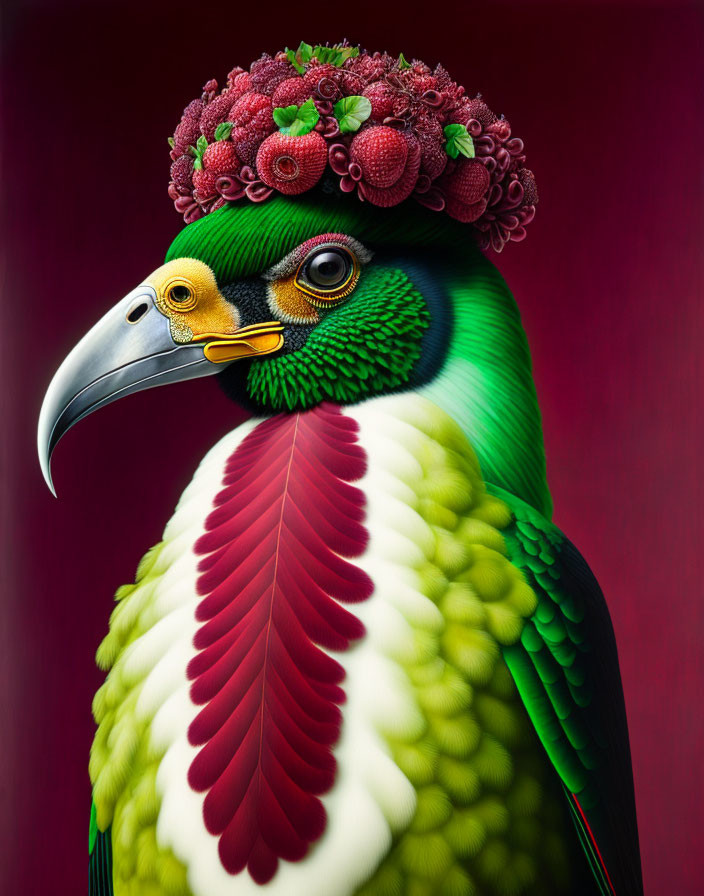 Colorful Bird with Green and Black Feathers, Yellow Beak, Red Crown