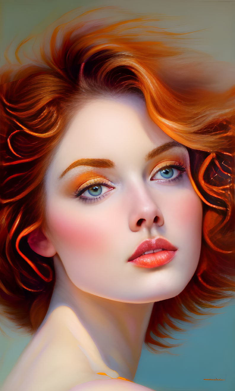 Digital art portrait: Woman with red hair and blue eyes on soft background