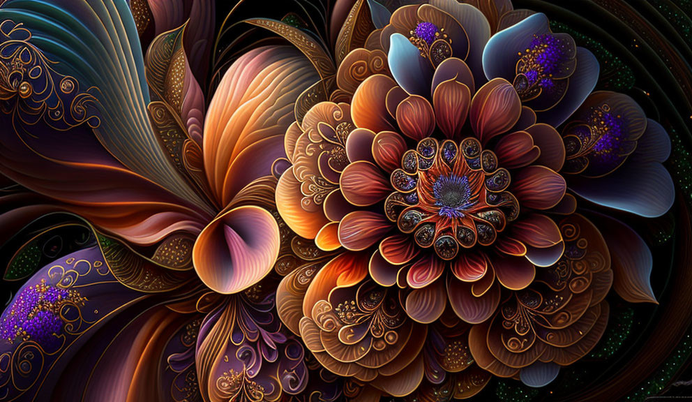 Colorful digital artwork of intricate flowers with brown and purple hues