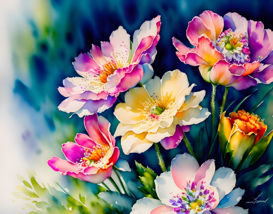 Colorful watercolor painting of pink, orange, and white flowers on a soft blue and green backdrop