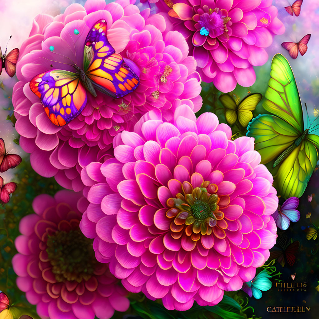 Colorful butterflies on vibrant pink flowers against dreamy backdrop