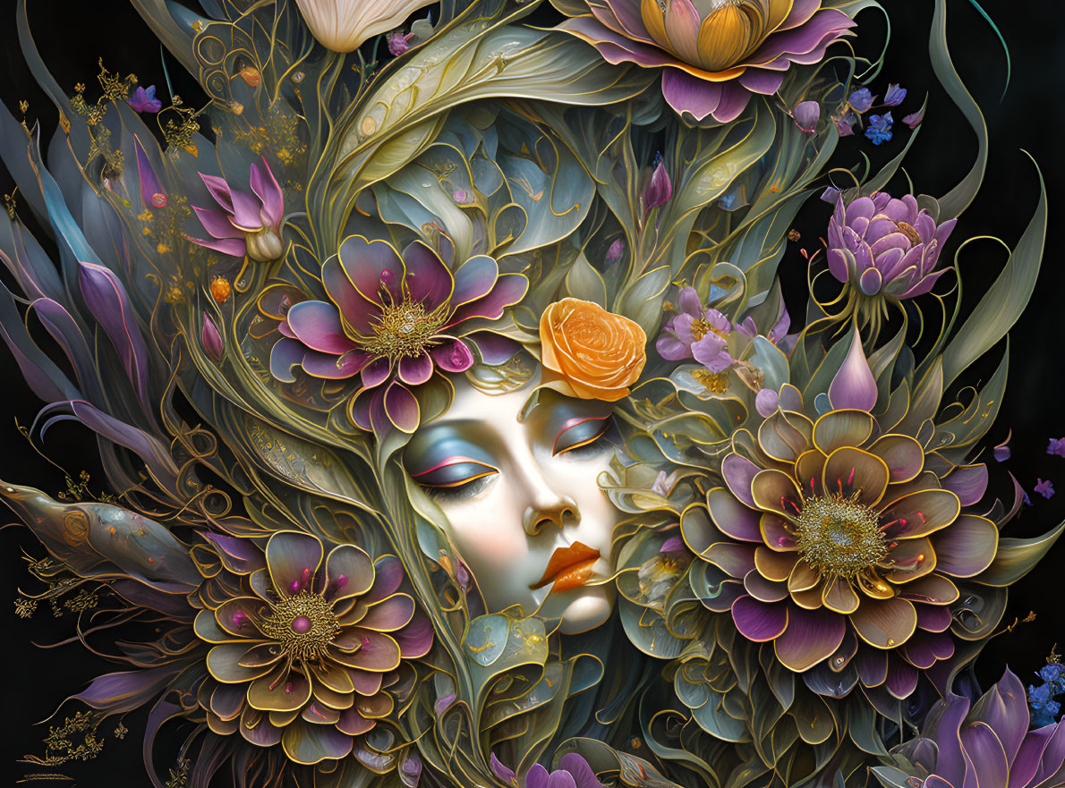 Intricate floral patterns surrounding a woman's face in purples, yellows, and gold