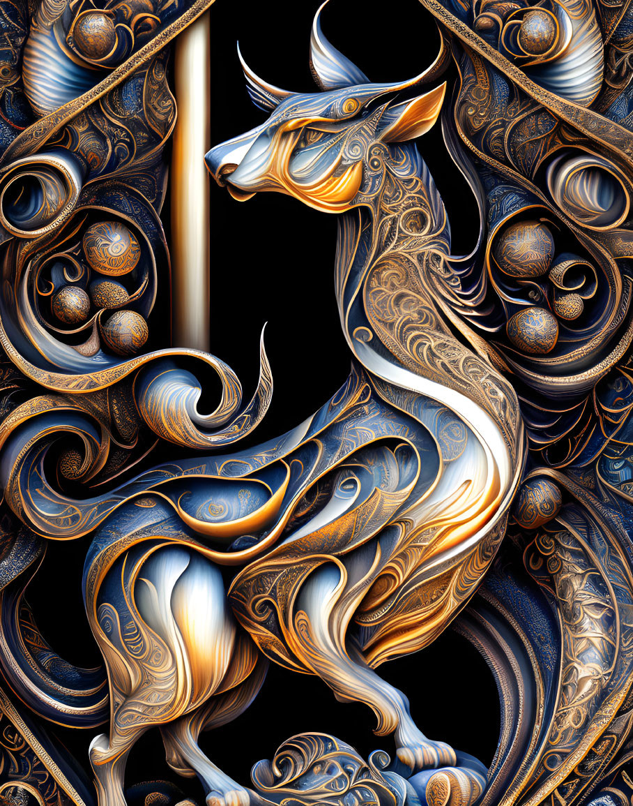 Intricate Blue and Gold Bull Sculpture with Swirling Designs