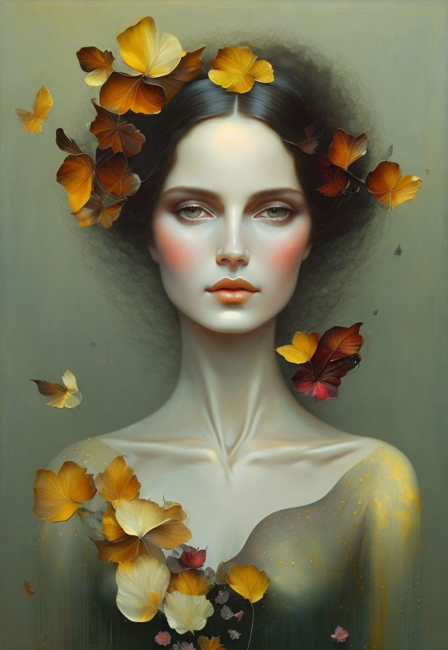 Serene woman with butterflies in muted green backdrop