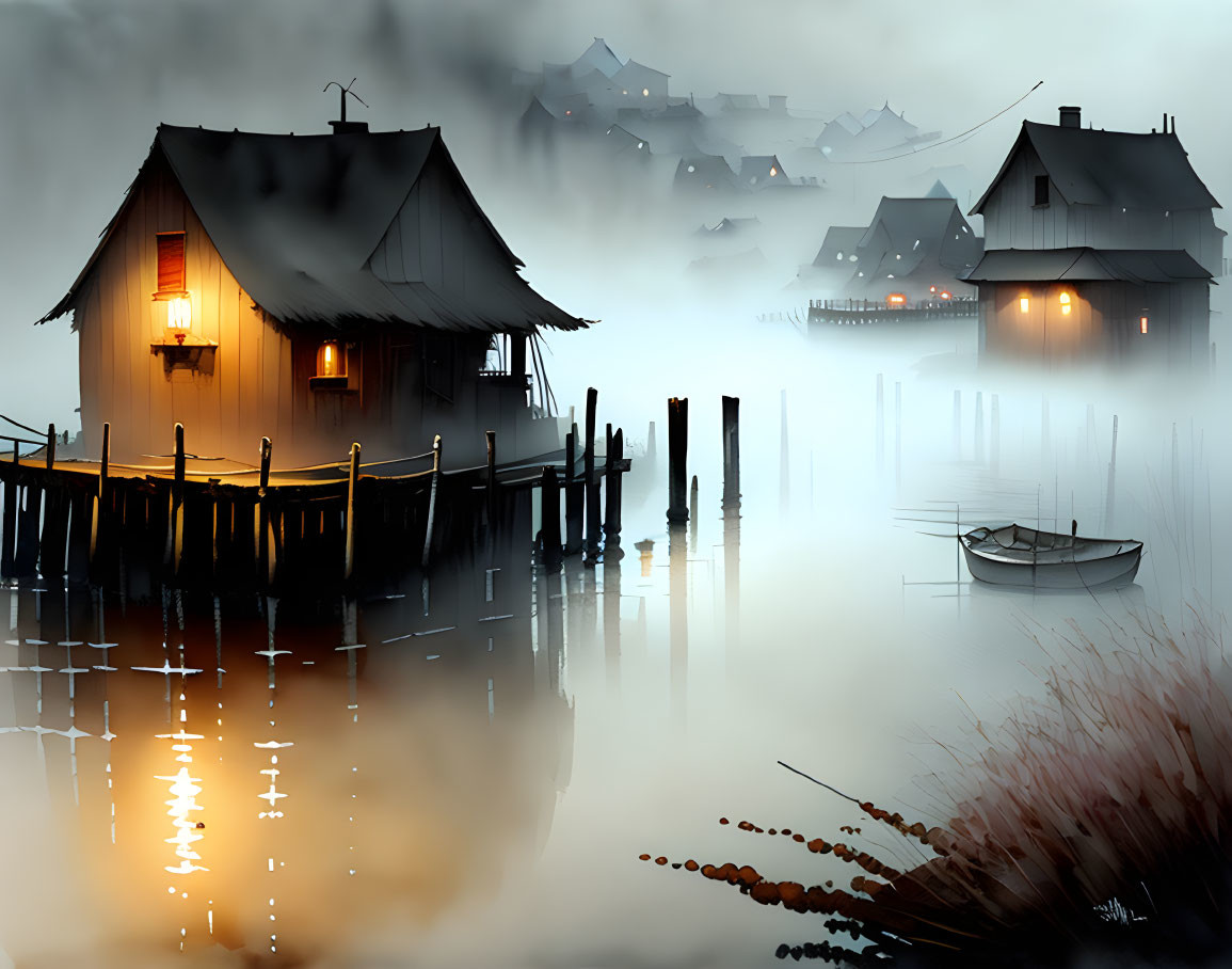 Misty Landscape with Rustic Stilt Houses and Boat