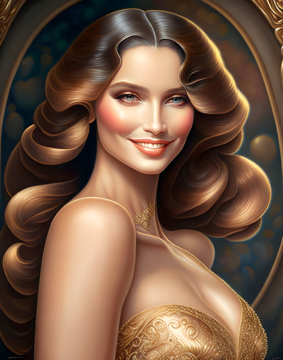 Portrait of Smiling Woman with Wavy Hair and Ornate Dress