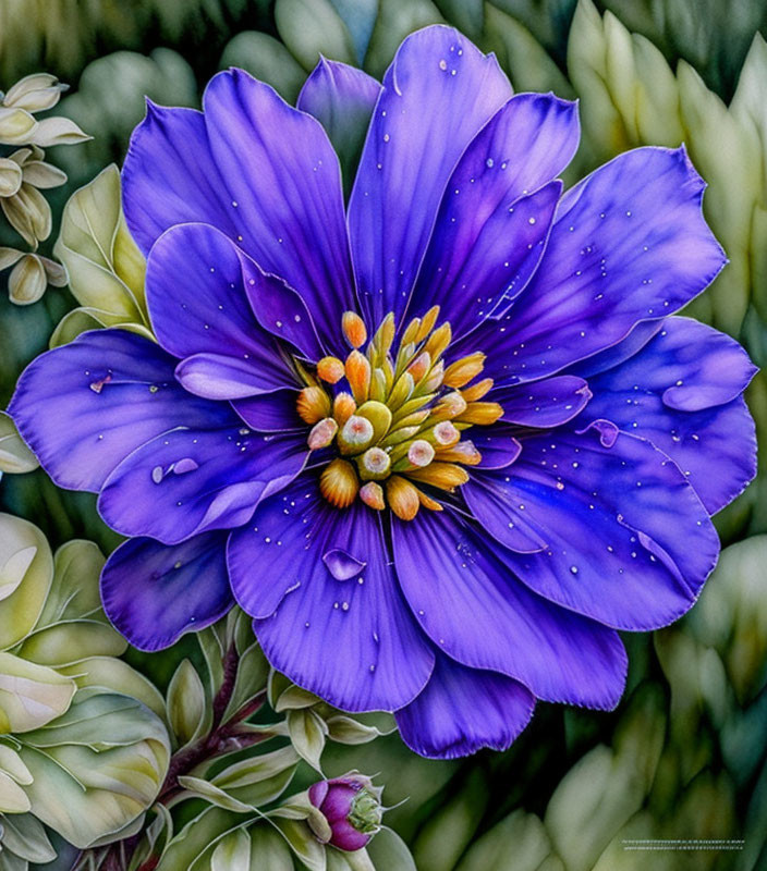 Vibrant Blue Flower with Water Droplets and Green Foliage