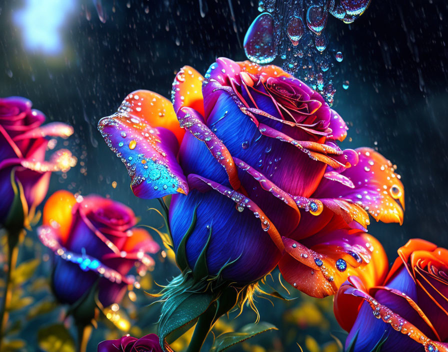 Multicolored Roses with Raindrops and Bokeh Lights Background