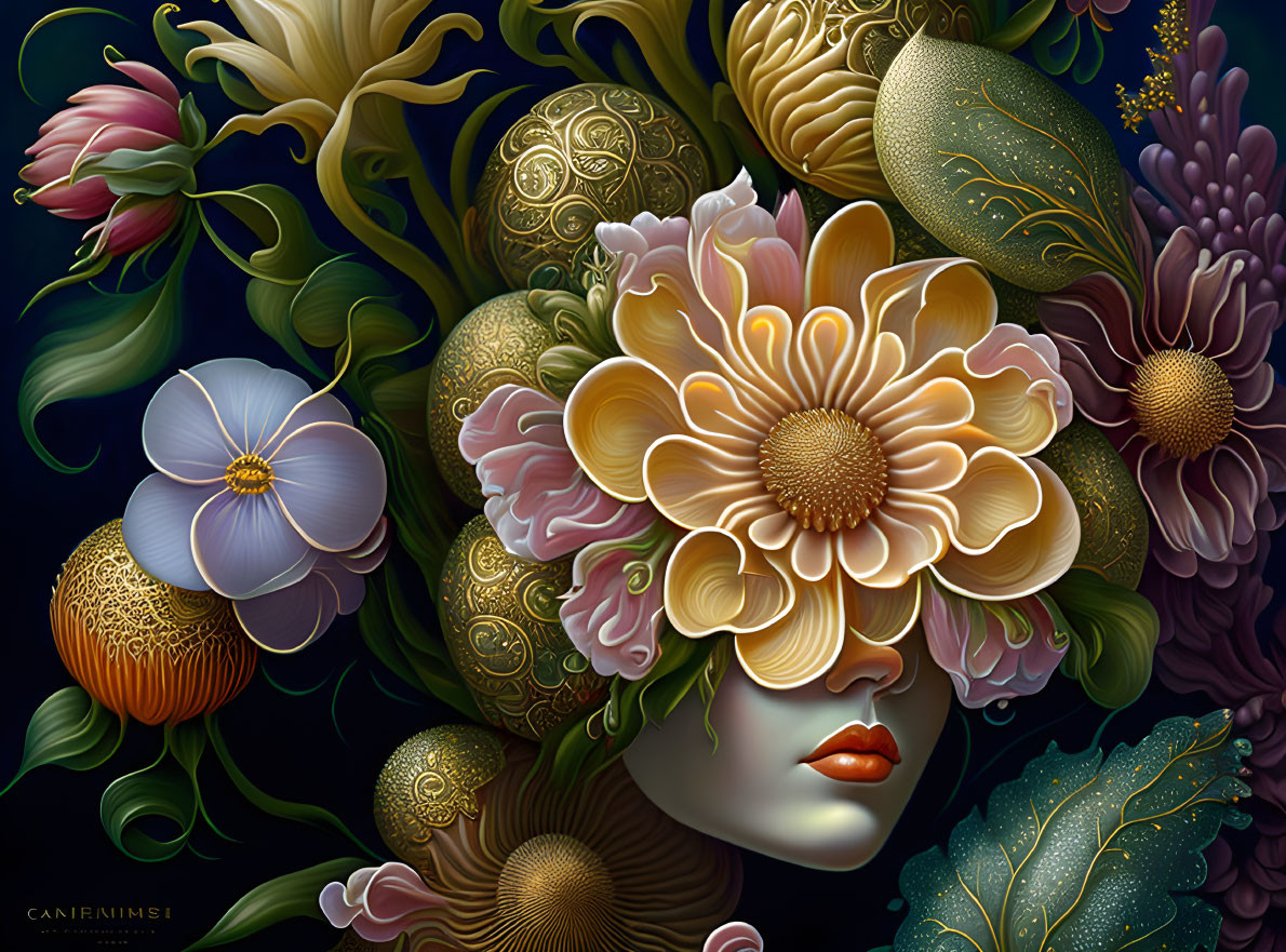 Surreal artwork of woman's face with ornate flowers and spheres