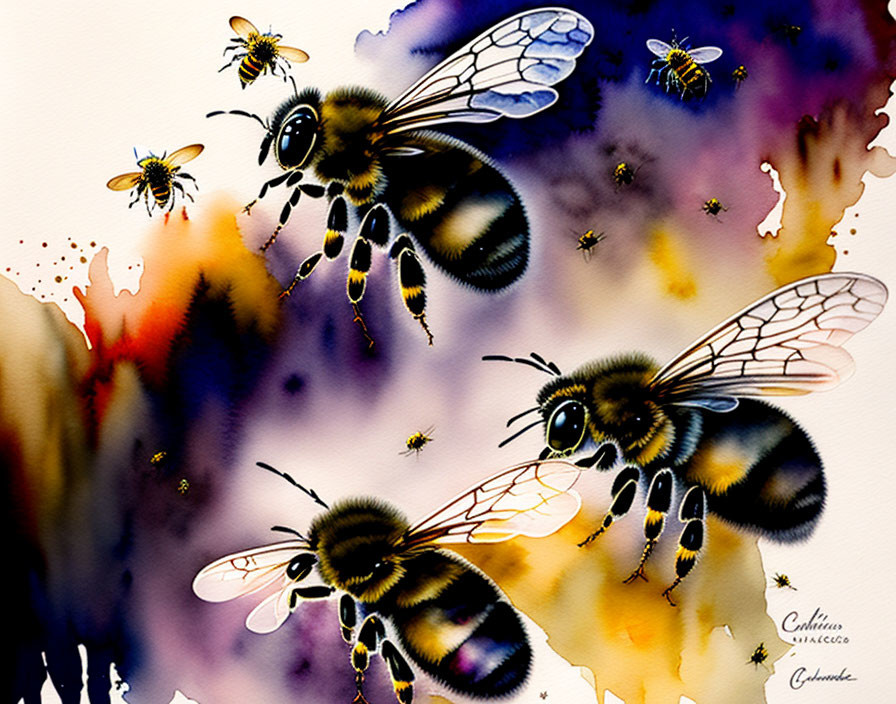 Colorful watercolor painting of bees in flight with warm blurred background