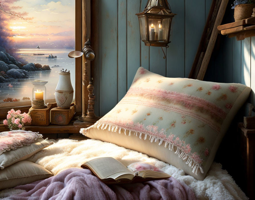 Inviting reading nook with plush pillows, open book, soft blanket, and lit candles by window