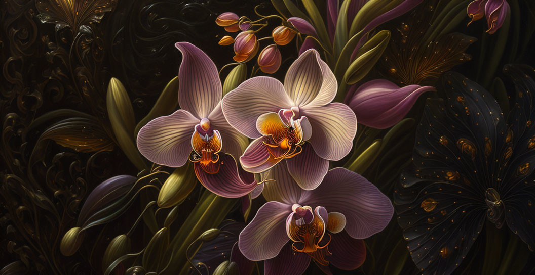 Purple Orchids Digital Painting with Rich Ornate Background