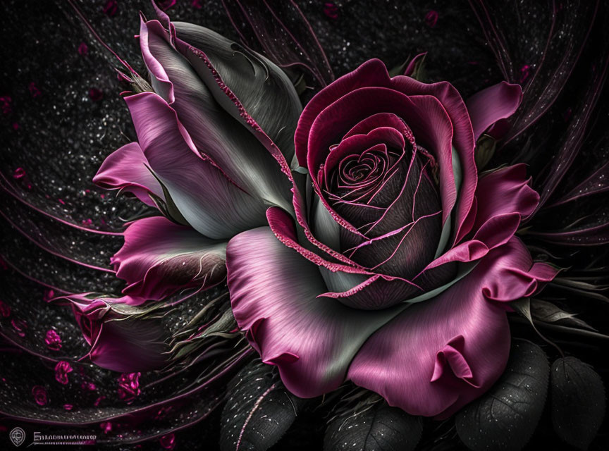 Dark Pink Rose Close-Up with Shimmering Effect and Water Droplets