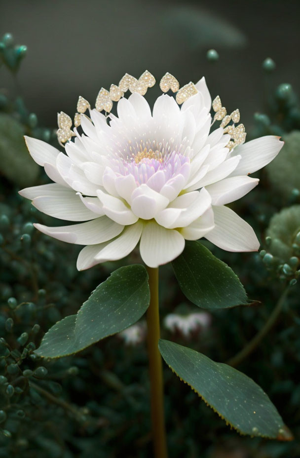 White Lotus Flower with Yellow Center on Dark Green Leaves and Blurred Greenery