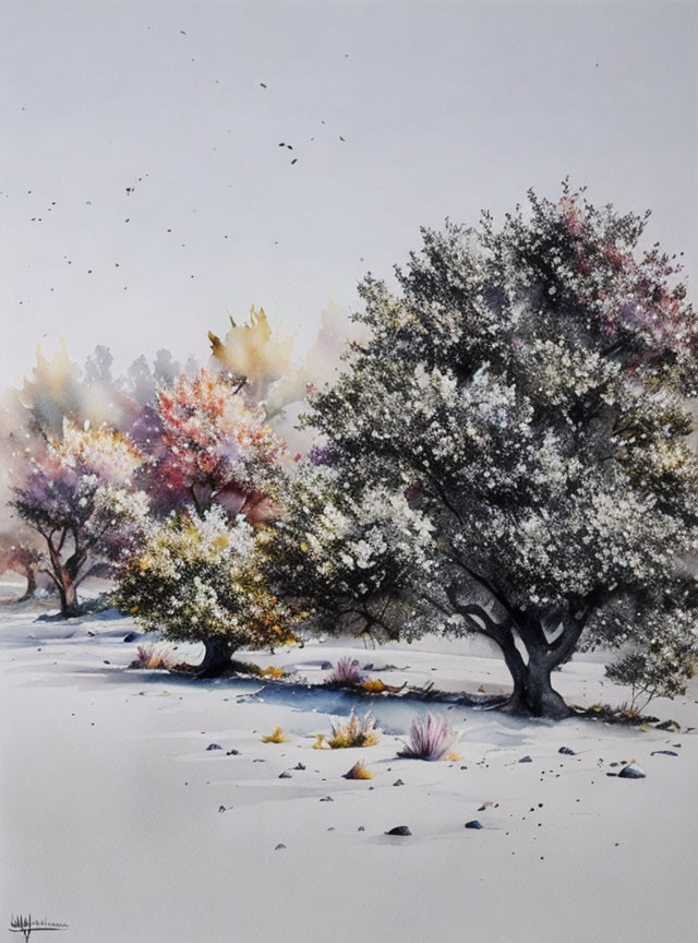 Serene landscape watercolor painting with snow and blooming trees