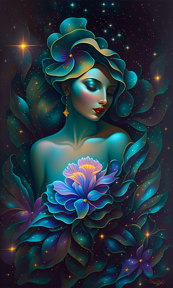 Blue-skinned woman with wave hair embracing blue flower on starry night background