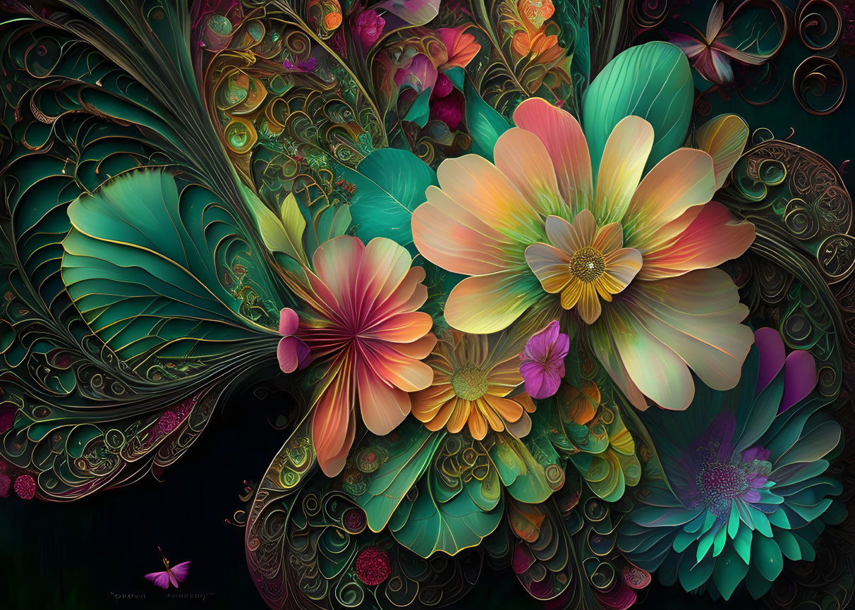 Colorful digital artwork of stylized flowers on dark background