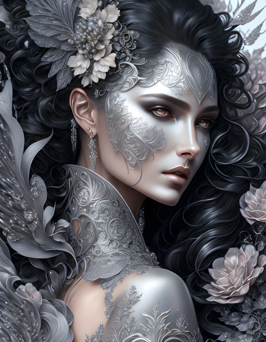 Detailed portrait of a woman with silver filigree, makeup, dark curls, and white florals