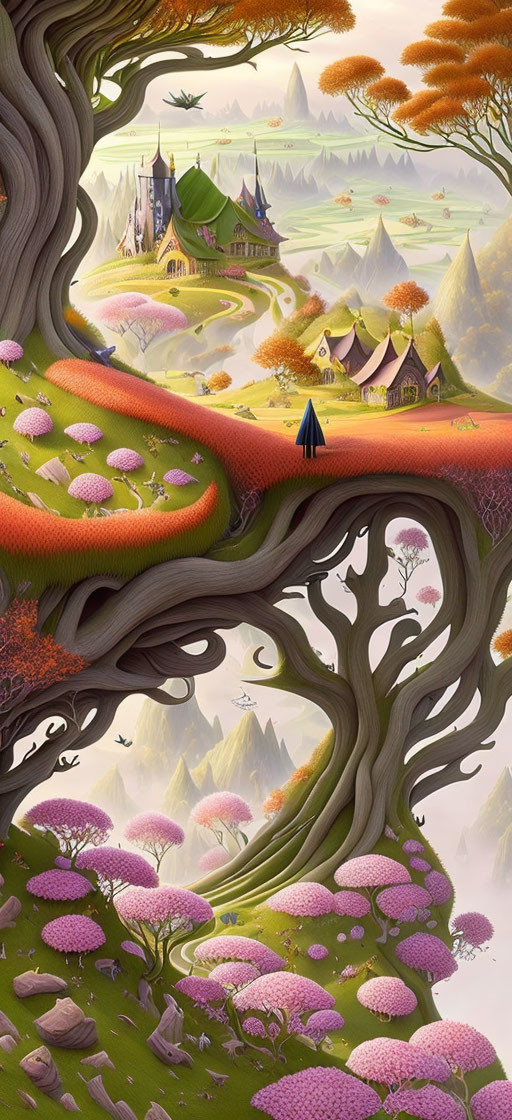 Whimsical landscape with oversized trees, mushrooms, spiraling path, fairytale village, solitary