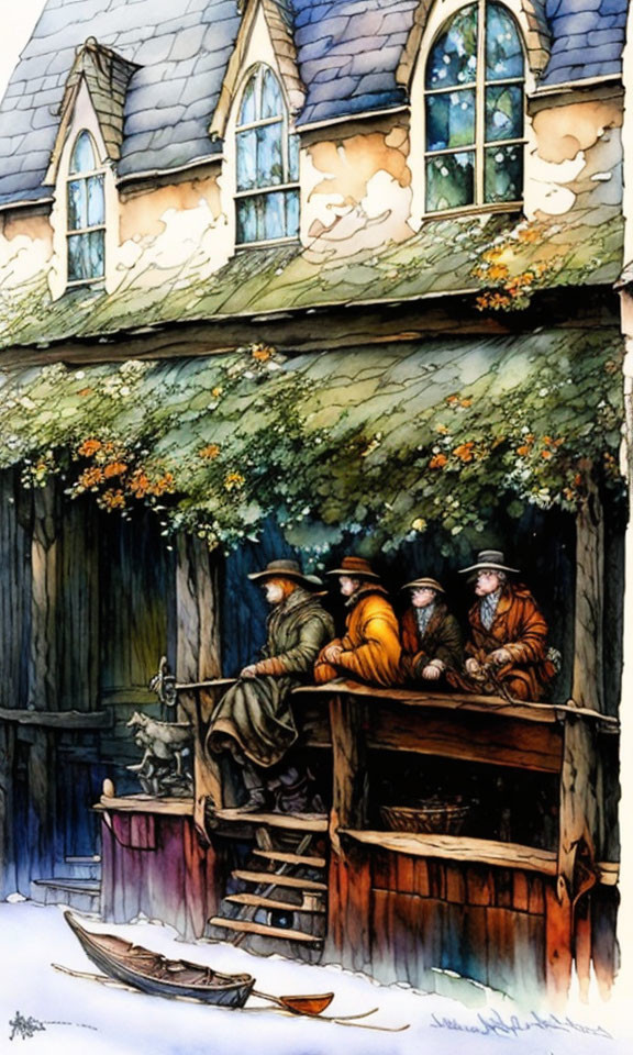 Period Attire Scene: Four Figures Chatting by Riverfront with Skiff - Old-Style Houses