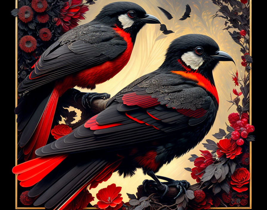 Vibrant Black and Red Birds Among Red Floral Designs