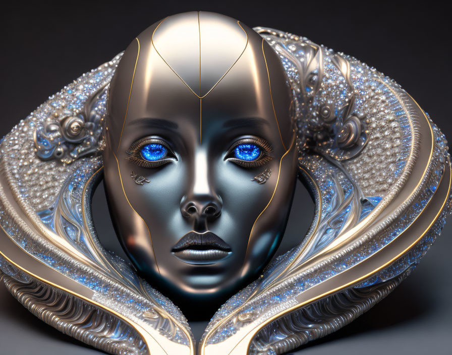 Futuristic digital art: humanoid figure with golden skin and ornate headdress