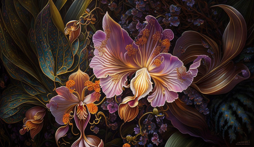 Detailed Exotic Flowers Artwork on Dark Background