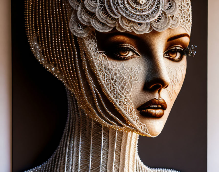 Mannequin head with white lace headdress and pearlescent skin