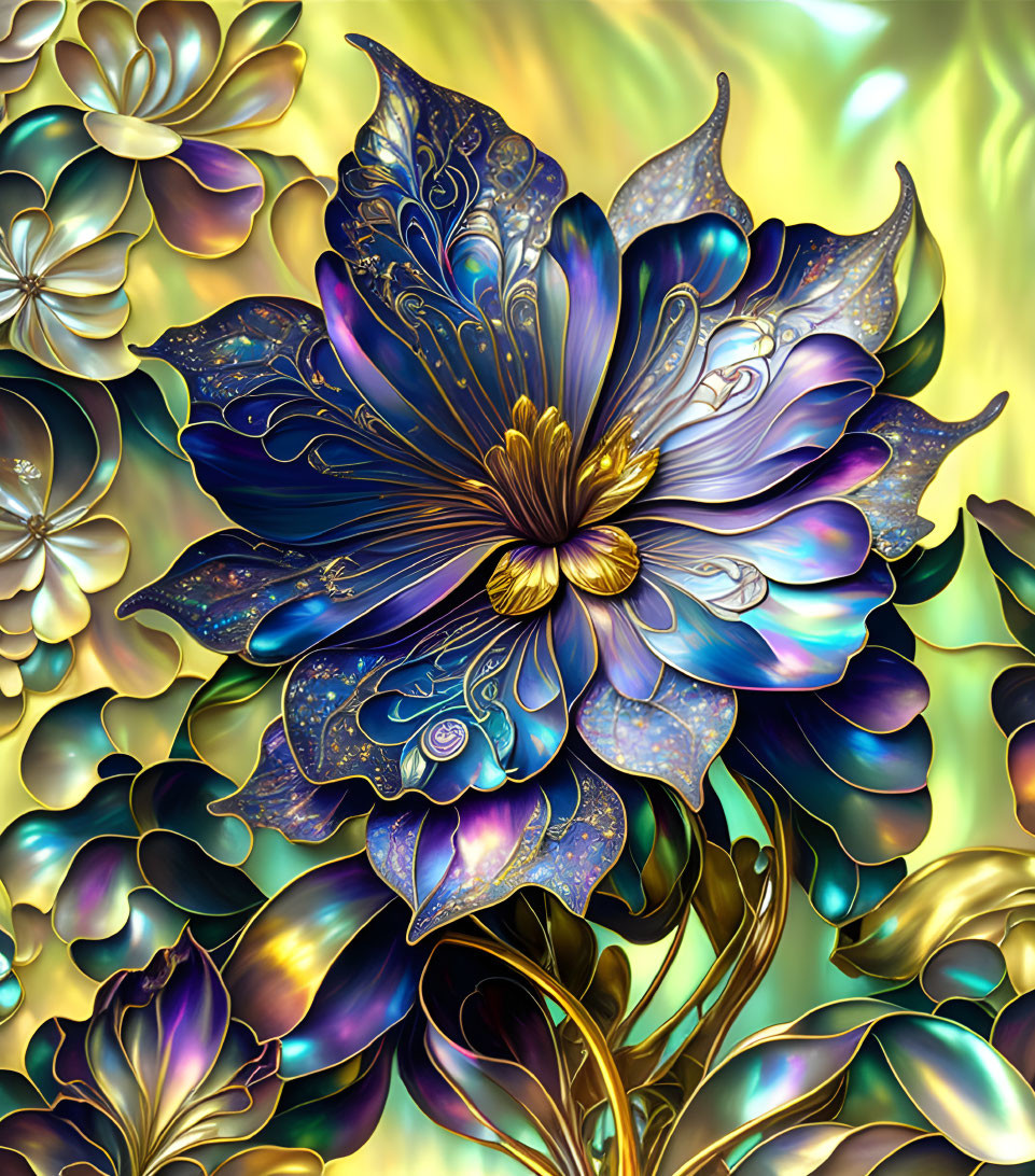 Colorful Floral Illustration with Metallic Look and Central Blue-Purple Bloom