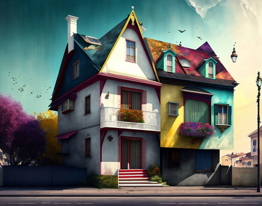 Colorful whimsical house with vibrant patchwork exterior & red door in serene neighborhood.