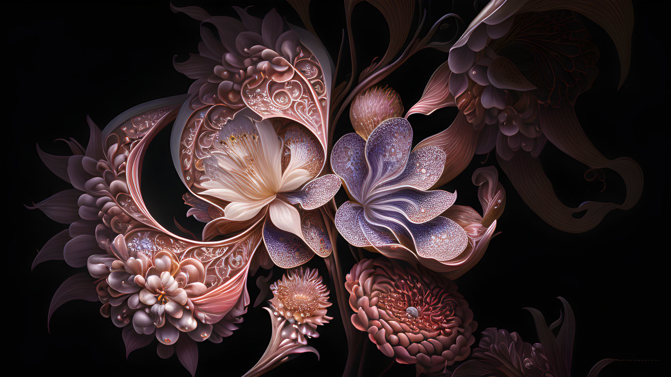 Detailed dark floral digital art with textures and gradients in white and purple.