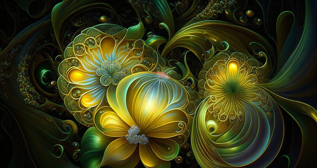 Abstract digital artwork: Vibrant stylized flowers in green, gold, and blue.