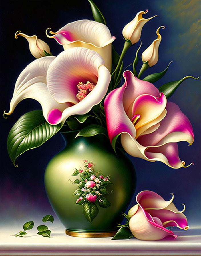 Pink and White Calla Lilies in Green Vase Digital Painting